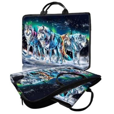 Imagem de ACWDMKH Bolsa para laptop, 14 15 e 15,6 polegadas, capa para computador com alça para mulheres e homens, estojo de transporte para MacBook, Dell, Lenovo, notebook, lobo branco com glitter