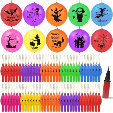 Imagem de 100 Pcs Halloween Punch Balloons Thickened Punching Balloon Heavy Duty Party Favors with Rubber Band Handle and Air Pump for Birthday Goodie Bag Stuffer Supply (Halloween Pattern)
