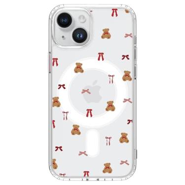 Imagem de Idocolors Capa fofa de ursinho de pelúcia para iPhone 16 Plus, compatível com MagSafe, capa magnética de urso de laço, capa de telefone transparente e à prova de choque para mulheres e meninas