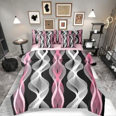 Imagem de Jogo de cama Queen com 7 peças, geométrico, prata e rosa, gradiente, ondulado, para adultos, mulheres, homens, roupa de cama, listras, geométricas, preto, arte abstrata moderna