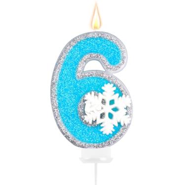 Imagem de Velas de aniversário com tema Frozen, decoração de festa, azul e prata, número 6, vela de aniversário para bolo, decoração de bolo de floco de neve para lembrancinhas de festa de 6 anos de idade
