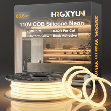 Imagem de HRGXYUN Fita de luzes LED COB 110 V - 20 m/65,6 pés à prova d'água de corda de silicone com suporte adesivo, iluminação neon branca quente cortável para armários, escritório doméstico e projetos DIY