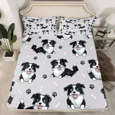 Imagem de Erosebridal Jogo de lençol solteiro com estampa de cachorro, desenho animado, adorável Border Collie, para amantes de cães, lençol com elástico, para meninos e meninas