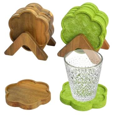 Imagem de EVERBBKING Conjunto de 8 porta-copos de madeira de acácia com suportes, 4 de madeira de acácia e 4 almofadas de feltro absorventes, mesa de centro de 10 cm, casa, escritório, bar, oferece proteção de