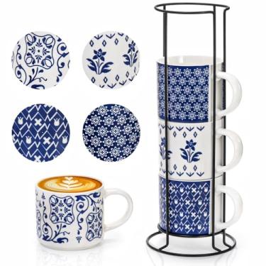 Imagem de Eorbow Conjunto de 4 canecas de café de cerâmica com rack, copos de cappuccino empilháveis de 473 ml com suporte de metal, canecas de chá de porcelana azul e branca para latte, americano, leite, cacau