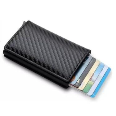 Imagem de Carteira Slim Minimalista com Proteção RFID Anti Furto Design Texturizado em Fibra de Carbono Preta