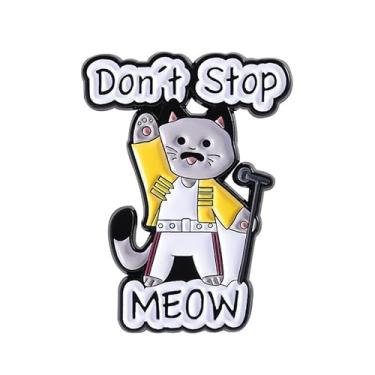 Imagem de Broche esmaltado cantor de música de gato para mulheres homens desenho animado animal segurando microfone alfinetes de lapela criativo engraçado letras Don't Stop Meow broches bolsa de roupas mochilas