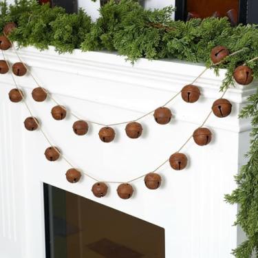Imagem de Simgoing Pacote com 2 peças, guirlanda de sinos de metal enferrujado, decorações de Natal rústicas, sinos vintage enferrujados com corda de juta (cordão de 12) para decoração de parede e lareira de