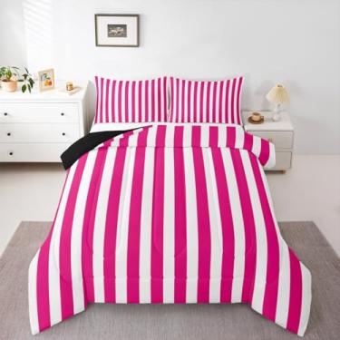 Imagem de Feelyou Conjunto de edredom com listras rosa choque, tamanho Queen, geométrico, moderno, listrado, para decoração de quarto de crianças, meninos, meninas, microfibra, ultramacio, respirável