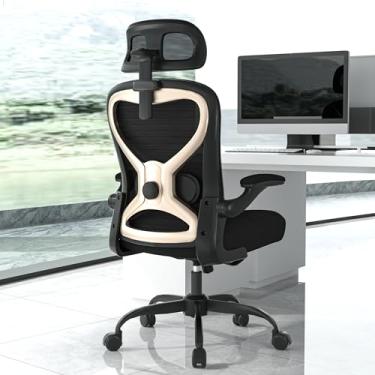 Imagem de Cadeira de escritório ergonômica, cadeira de mesa de malha com apoio de cabeça, suporte lombar, almofada de assento grossa, braços dobráveis, cadeiras de trabalho de computador com encosto alto para