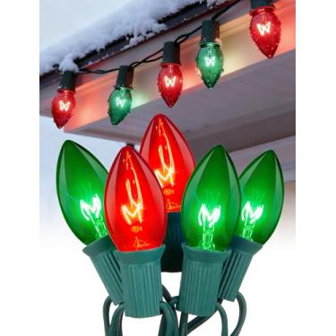 Imagem de Luzes de Natal vermelhas e verdes de 7,6 m, luzes de Natal vintage C9 com 26 lâmpadas vermelhas e verdes (1 sobressalente), luzes de Natal penduradas à prova d'água para decoração de quintal de árvore