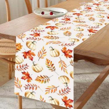 Imagem de Caminho de mesa de outono com listras de folha de bordo de abóbora laranja, outono sazonal cozinha colheita fazenda decoração de mesa de jantar para decoração de festa de ação de graças em casa 33 x