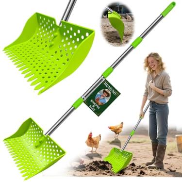 Imagem de HUMUMU Colher e ancinho 2 em 1 para cocô de galinha de 30,5 cm – Patente dos EUA pendente – 3 furos para peneirar galinheiro, cabo de aço inoxidável (50,8 a 154,9 cm) – Pá de areia e peneiração para