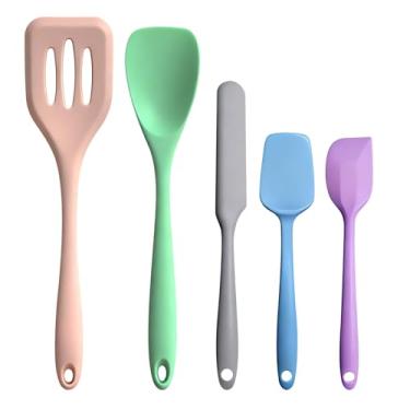Imagem de Svailse Conjunto de 5 espátulas de silicone com raspadores de borracha flexíveis resistentes ao calor de 315 °C para uso na cozinha, espátulas de cozinha para fritar, assar, mexer, misturar, raspar e