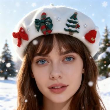 Imagem de Boina de Natal para mulheres, boina francesa de lã vermelha com decoração festiva para festas de fim de ano e roupas de inverno, para festas de Natal, Branco, tamanho �nico