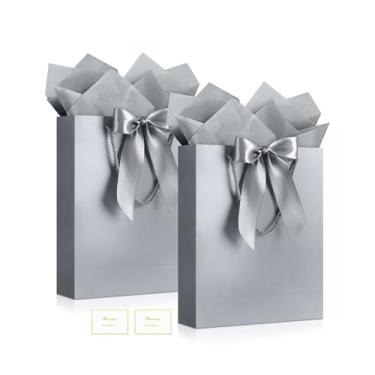 Imagem de YoungTree Saco de presente, 2 sacos de presente grandes com fita e 2 cartões comemorativos, 4 papéis de seda, saco de presente de papel com alças, sacolas de presente de aniversário, sacolas de