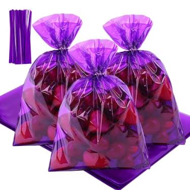 Imagem de QOIUSO Sacos de celofane roxos transparentes 20 x 28 cm: pacote com 50 sacos de presente transparentes com laços para lembrancinhas de festa, doces, biscoitos, lanches e embrulho de presente de Natal