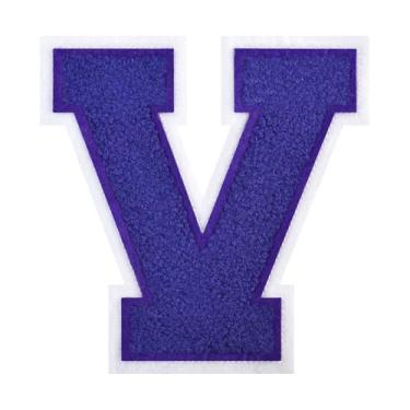 Imagem de 1 PÇ Patch de letra de chenille roxo de 11,4 cm com borda branca – Remendos do alfabeto para roupas, jaquetas, mochilas, chapéus para decoração personalizada, nome personalizado e artesanato. (V)
