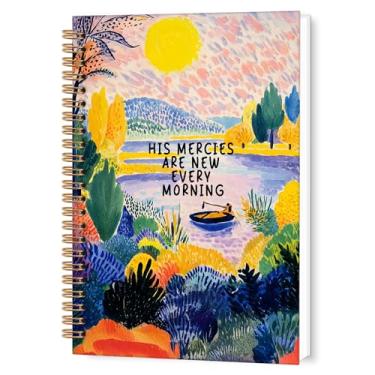 Imagem de TWRVI Caderno espiral cristão, boho, bíblico, pautado na faculdade, caderno para material de escritório escolar, aquarela His Mercies Are New Every Morning Cadernos de diário 14 x 8,7 cm, 164 páginas