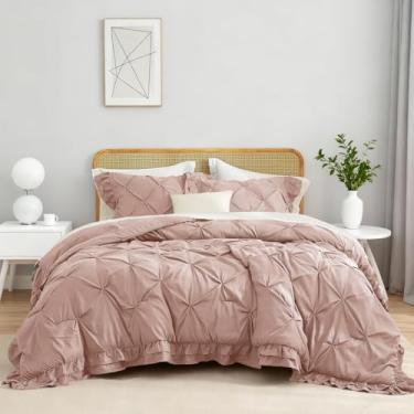 Imagem de REYOS Conjunto de edredom com babados 104 x 20 cm com fronhas de 50 x 51 cm x 91 cm, aconchegante para decoração de quarto, rosa blush, respirável, conjunto de edredom para família, tamanho king