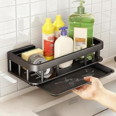 Imagem de Suporte de esponja para pia de cozinha, suporte autoadesivo para pia com bandeja de drenagem, organizador de aço inoxidável para esponja, escova, sabão, pano de limpeza