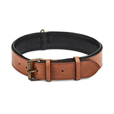 Imagem de Coleira de cachorro de couro real acolchoada interior macio com visual vintage premium feito à mão com anel de etiqueta para animais de estimação pequenos médios e grandes (GG (4,45 cm de largura para 50,8 cm - 60,96 cm), conhaque)