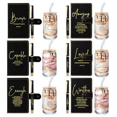Imagem de AmazingSpark 18 peças de presente cristão a granel para mulheres e homens copos de vidro com tampa canudo versículo bíblico caderno de oração de couro com caneta esferográfica, presente religioso para