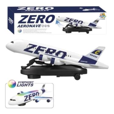 Imagem de Avião Brinquedo Grande com Luzes, Som e Movimento, Branco com Detalhes Azuis e Vermelhos, 39cm, Pilhas AA, 3 Anos+