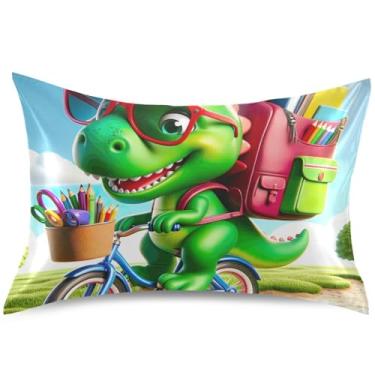 Imagem de Capas de almofada de cetim com estampa de dinossauro verde para bicicleta Capas de travesseiro coloridas King Queen Standard Slip Soft Bed Sham, tamanho Queen, 76 cm x 50 cm