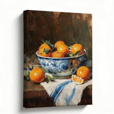 Imagem de Arte de parede em tela de cozinha, tigela azul e branca com laranjas natureza morta, visual moderno de pintura a óleo Impasto, decoração de despensa de sala de jantar, tela esticada embrulhada para