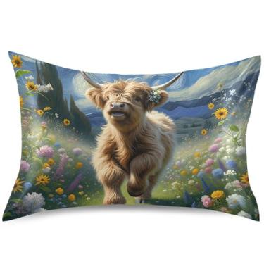 Imagem de Capa de almofada de cetim primavera floral highland vaca bezerro capa de travesseiro premium king queen padrão decoração de cama, tamanho Queen, 76 cm x 50 cm