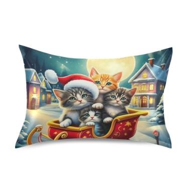 Imagem de Fronhas para cabelo fofo gatinho desenho animado gato Natal cetim rei queen capas de almofadas de cama refrescantes capa queen size 76.2 cm x 50.8 cm