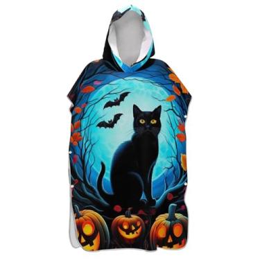 Imagem de Poncho de surfe para trocador adulto toalha de banho com capuz bonito absorvente masculino poncho com capuz Halloween gato preto abóboras