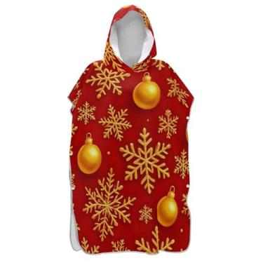 Imagem de TSENQUE Poncho de surfe para adulto trocador de roupa de praia com capuz toalha de natação reutilizável homens mulheres poncho com capuz dourado flocos de neve Natal vermelho