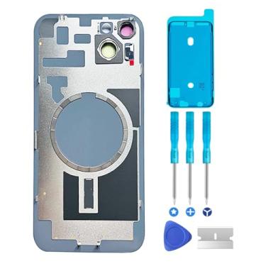 Imagem de ABUSVEX Capa de vidro traseira original para substituição da porta da bateria e fita impermeável, moldura de câmera pré-instalada para iPhone 14, ferramenta de reparo de todas as operadoras 14 (azul)