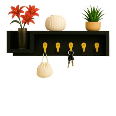 Imagem de Porta Chaves Decorativo em MDF com Prateleira Multiuso Com Suporte de Celular - Ideal para Entrada, Sala ou Escritório(Preto)
