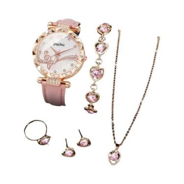 Imagem de Conjunto De Relógio De Pulso Feminino Com Pulseira De Couro E Strass, 