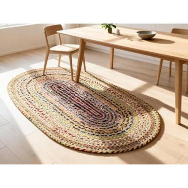 Imagem de Craft Trade Tapete de pano de juta chinês tecido à mão, multicolorido, reversível, trançado, casa de fazenda, sala de estar, ao ar livre, cozinha, quarto, tapete chinês (1,2 x 1,8 m, oval)