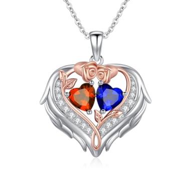 Imagem de WYDDO Colar de coração com asas de anjo para mulheres, pedra do mês de nascimento duplo, pingente de flor de rosa, presente ideal para aniversário, Natal, presente para esposa, mãe, namorada, filha