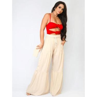 Imagem de Calça Feminina Pantalona Perna Larga Cintura Alta 3 Marias, P, Nude