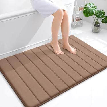 Imagem de OLANLY Tapete de banho listrado de espuma viscoelástica 111 x 81 cm, tapetes absorventes super macios, secagem rápida, tapetes de chuveiro laváveis na máquina, tapete de banho, acessórios de decoração