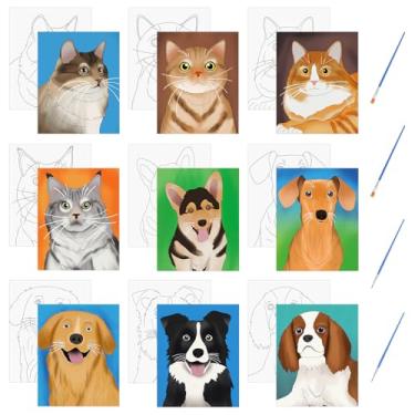 Imagem de HICOHAND 9 peças de papéis de tela pré-impressos para gatos e cães, tela pré-desenhada, faça você mesmo, pronto para pintar, conjunto com 4 pincéis artísticos para presentes