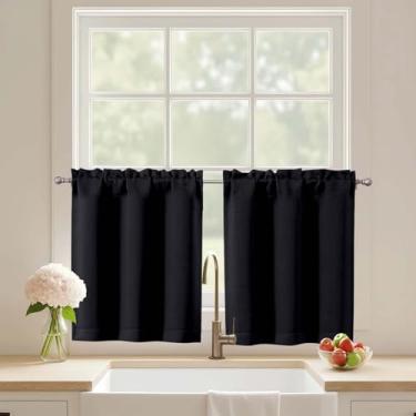 Imagem de Ebesto Cortinas curtas pretas de 61 cm de comprimento, 2 painéis, cortinas de janela de cozinha com isolamento térmico sobre a pia, camadas de cortina de café com bolso de haste de meia janela para