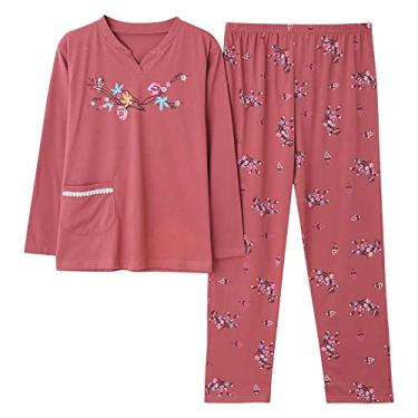 Imagem de 3FLQOOPP Pijama feminino primavera floral feminino manga longa gola redonda roupa de dormir solto plus size pijama (vermelho 2X)