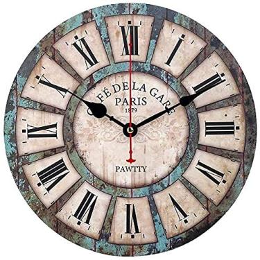 Imagem de U5GAAALPPQ9 Relógio de parede vintage rústico retrô de madeira 30,5 cm, silencioso, sem tique-taque, pintura oceânica, relógios para casa, sala de estar, quarto, A-30 x 30 cm (azul 14 polegadas)