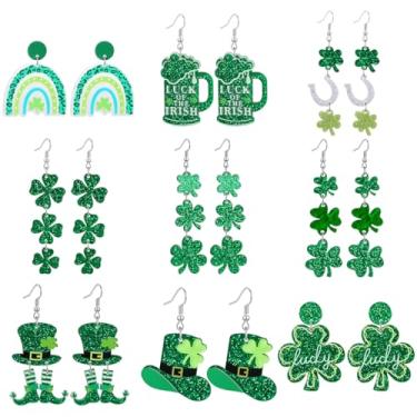 Imagem de Conjunto de brincos femininos do Dia de São Patrício, 9 pares de brincos de trevo de trevo, pacote variado, brincos irlandeses da sorte com glitter verde para roupa do Dia de São Patrício, presentes