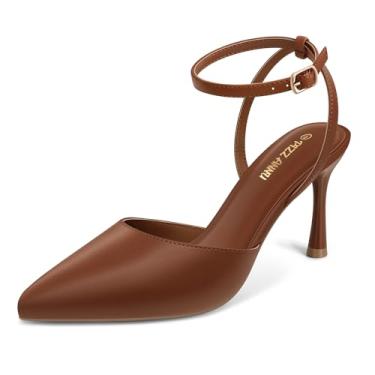 Imagem de PIZZ ANNU Sandália feminina Cienna de salto alto, bico fino, tira no tornozelo, bico fechado, elegante, vestido de festa de casamento, Marrom PU, 35
