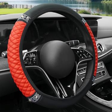 Imagem de AMZAUTO Capa de volante brilhante para mulheres, couro brilhante strass deslumbrante capa de volante deslumbrante, acessórios interiores de carro de 38 cm para a maioria dos veículos (vermelho)