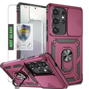 Imagem de AYMECL Capa S25 Ultra com suporte giratório embutido, capa para câmera deslizante e filme HD autorreparável - Projetada para Samsung Galaxy S25 Ultra, vinho tinto