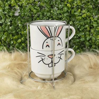 Imagem de Kit 2 Xícaras Porcelana 210ml Páscoa com variação cor + Suporte Rosa -